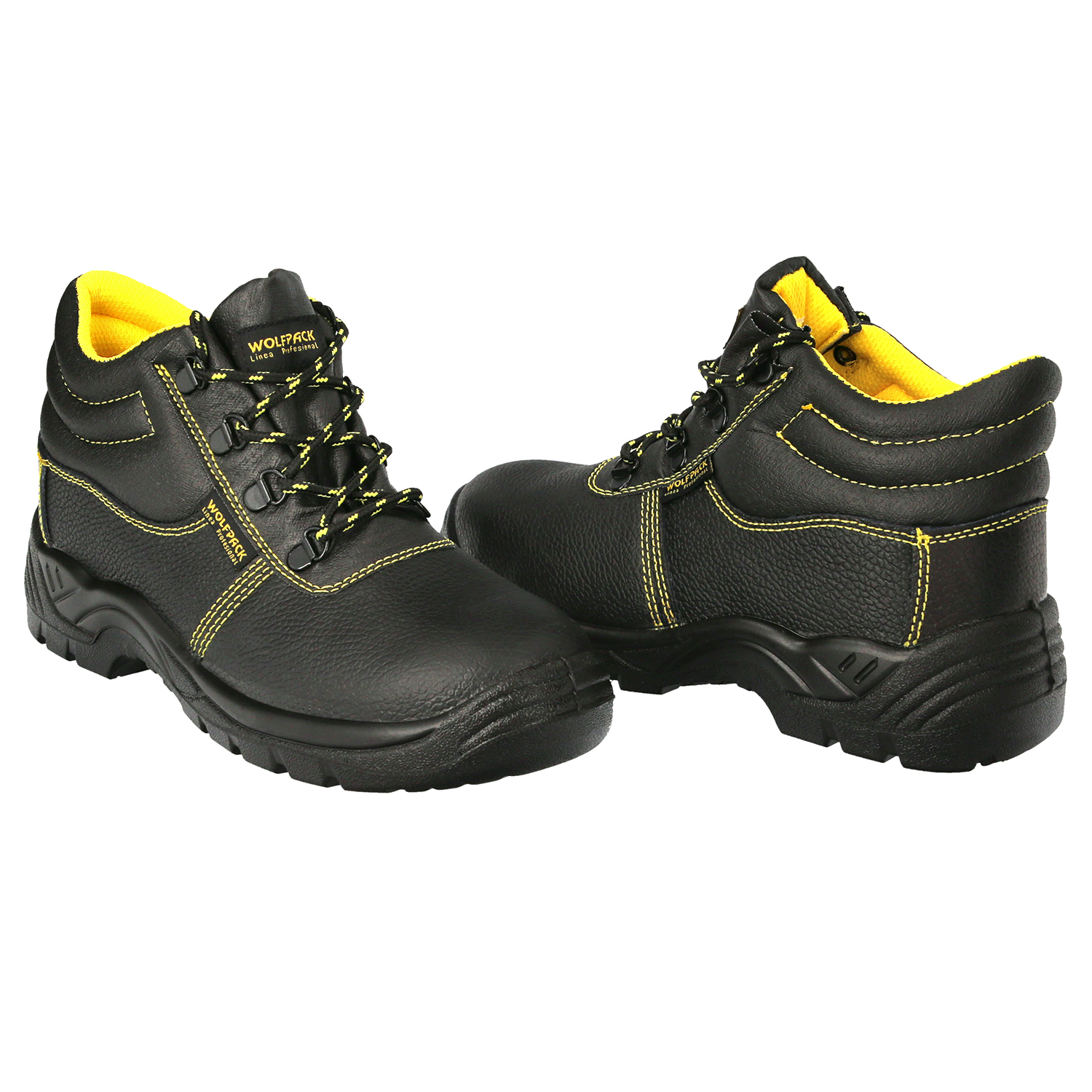 Botas de seguridad S3 Wolfpack en piel negra con puntera reforzada. Certificadas para protección laboral. Resistentes, cómodas y transpirables