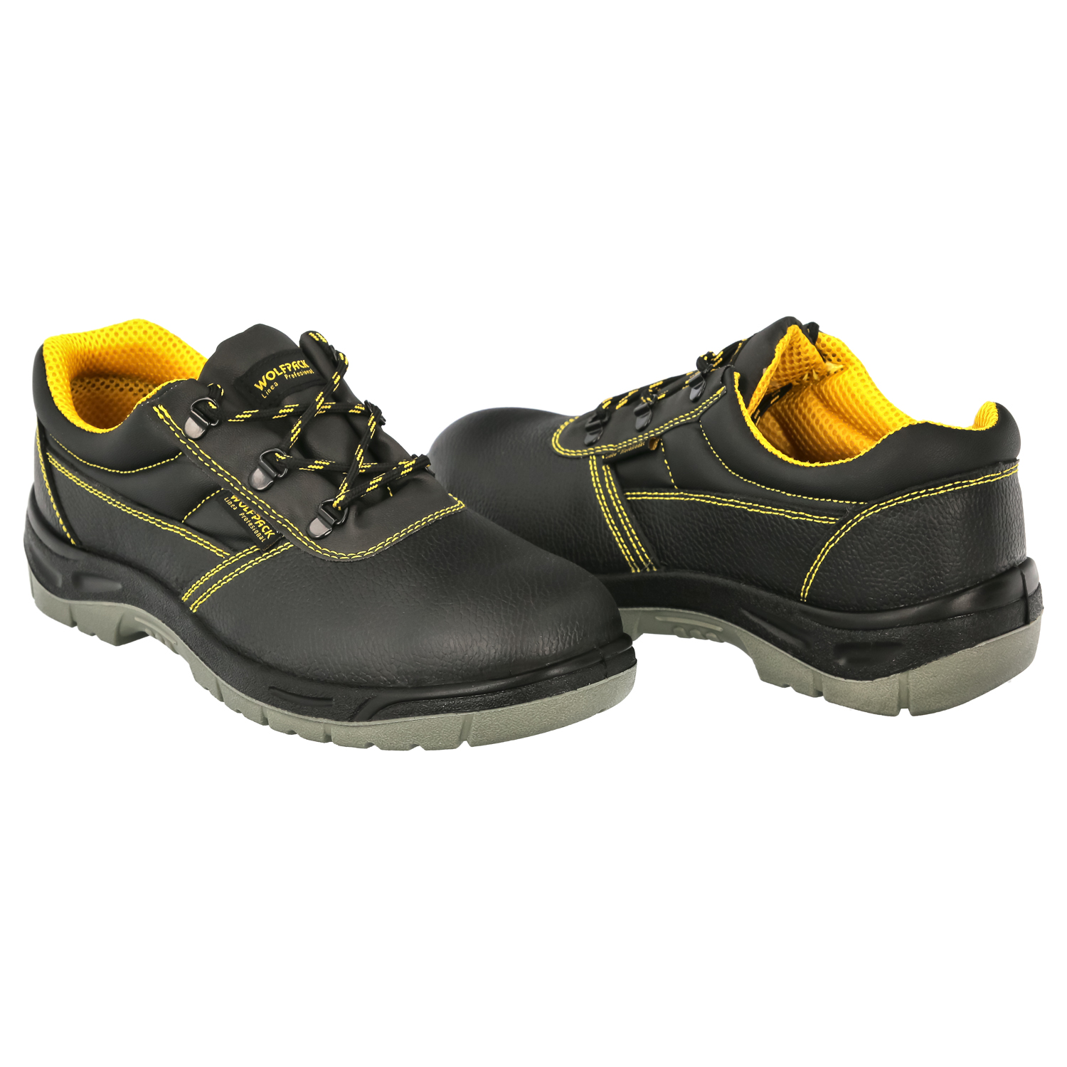 Botas de seguridad S3 Wolfpack en piel negra con puntera reforzada. Certificadas para protección laboral. Resistentes, cómodas y transpirables